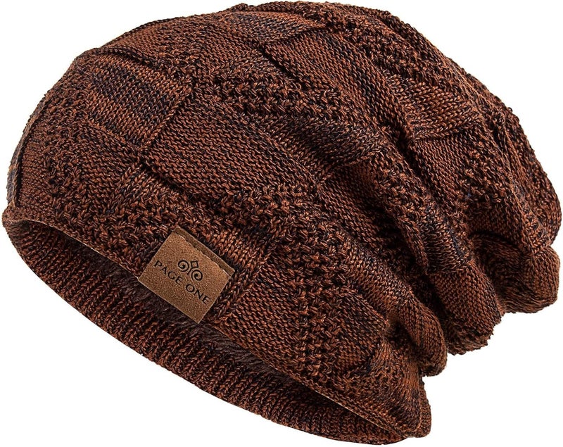 PAGE ONE Mens Winter Slouchy Beanie Warm Fleece Lined Skull Cap Baggy Cable Knit Hat - Image 1